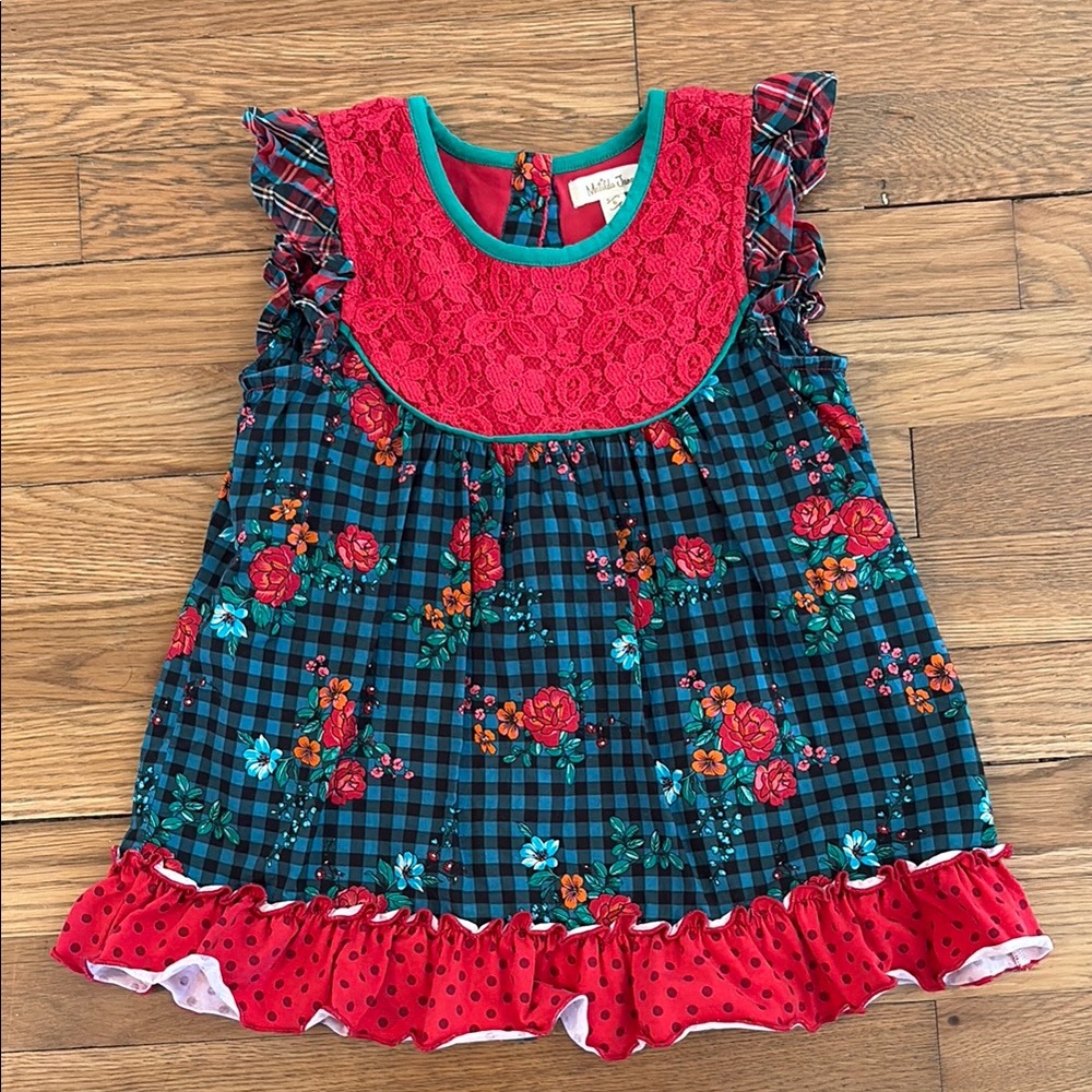 Colorful Floral Plaid Dress with Red Lace